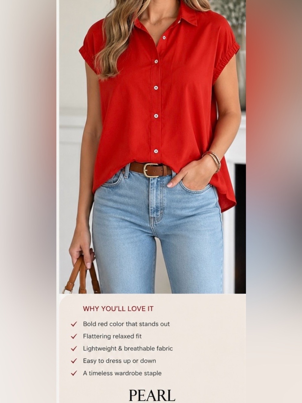 Pearl Red Sleeveless Button-Down Shirt